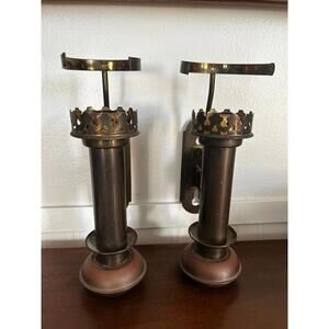 Antique Brass Railroad Style Wall Sconces Pair 9” Oil Lamp Mounts